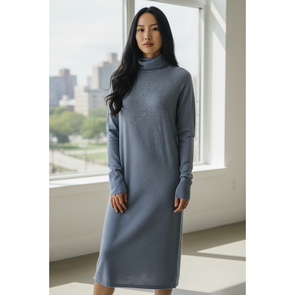 Talbots Blue Italian Merino Wool Turtleneck Midi Sweater Dress Womens Sz M